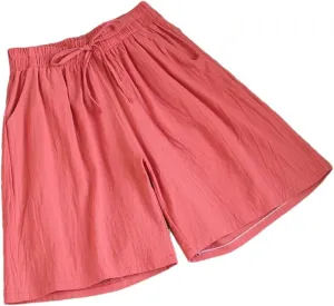 Women's Cotton Casual Solid Color Double Pocket Shorts Drawstring High Waist Loose Shorts
