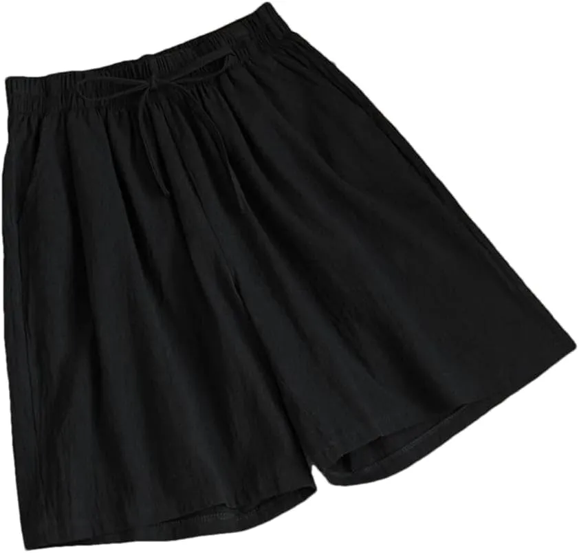 Women's Cotton Casual Solid Color Double Pocket Shorts Drawstring High Waist Loose Shorts
