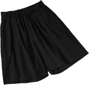 Women's Cotton Casual Solid Color Double Pocket Shorts Drawstring High Waist Loose Shorts