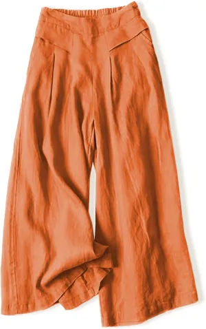 Womens Cotton Linen Palazzo Pants Casual High Elastic Waist Wide Leg Pants Summer Comfortable Flowy Pant