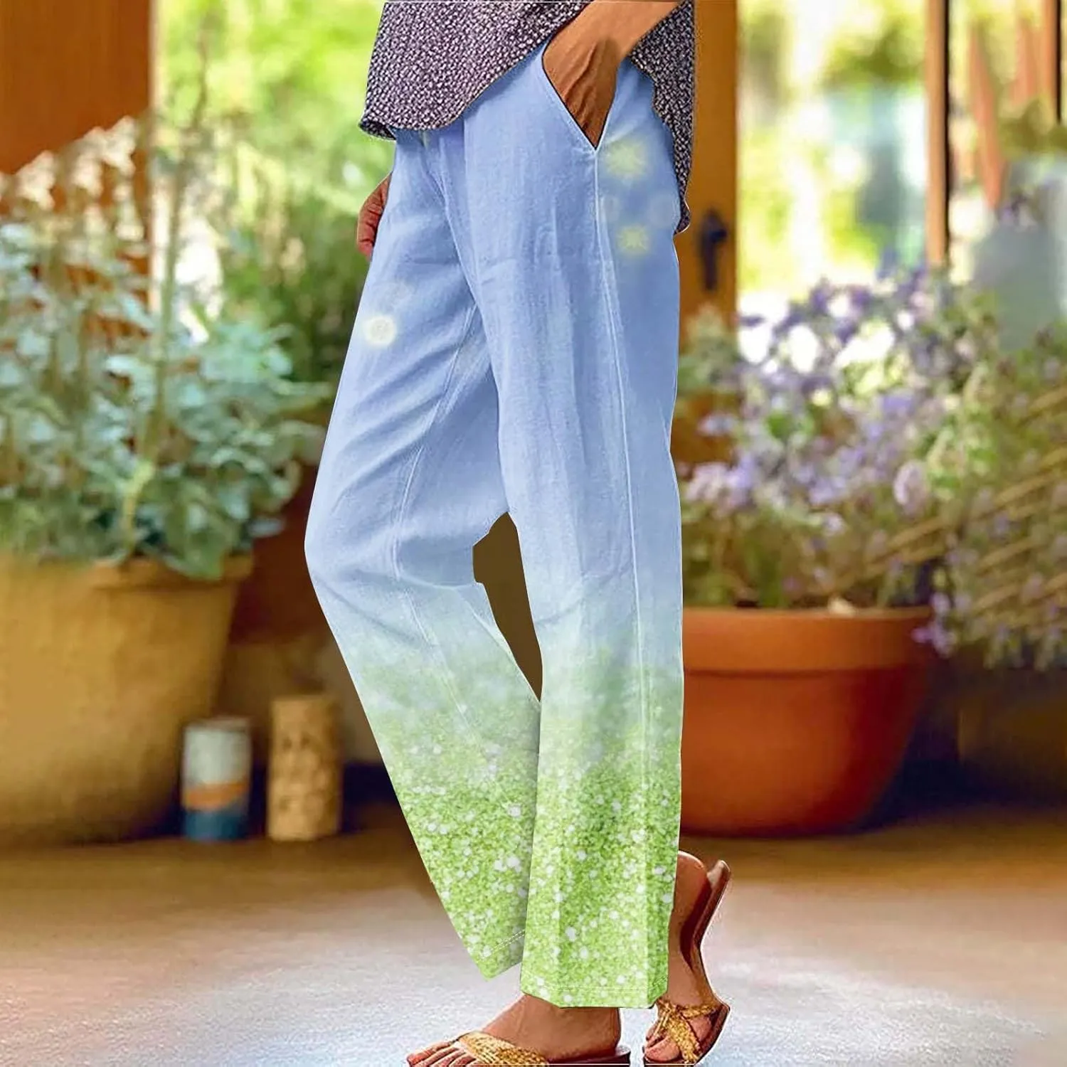 Womens Cotton Linen Pants Elastic High Waist Straight Leg Loose Comfy Lounge Pants Casual Slacks Summer Trousers