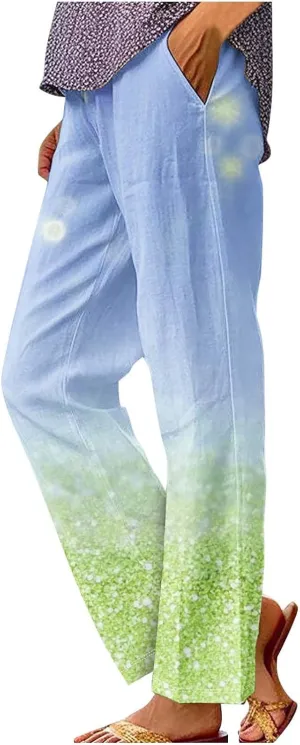 Womens Cotton Linen Pants Elastic High Waist Straight Leg Loose Comfy Lounge Pants Casual Slacks Summer Trousers