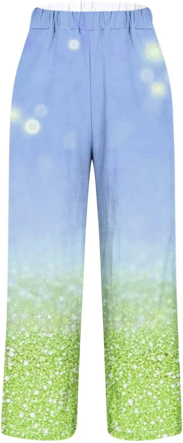 Womens Cotton Linen Pants Elastic High Waist Straight Leg Loose Comfy Lounge Pants Casual Slacks Summer Trousers