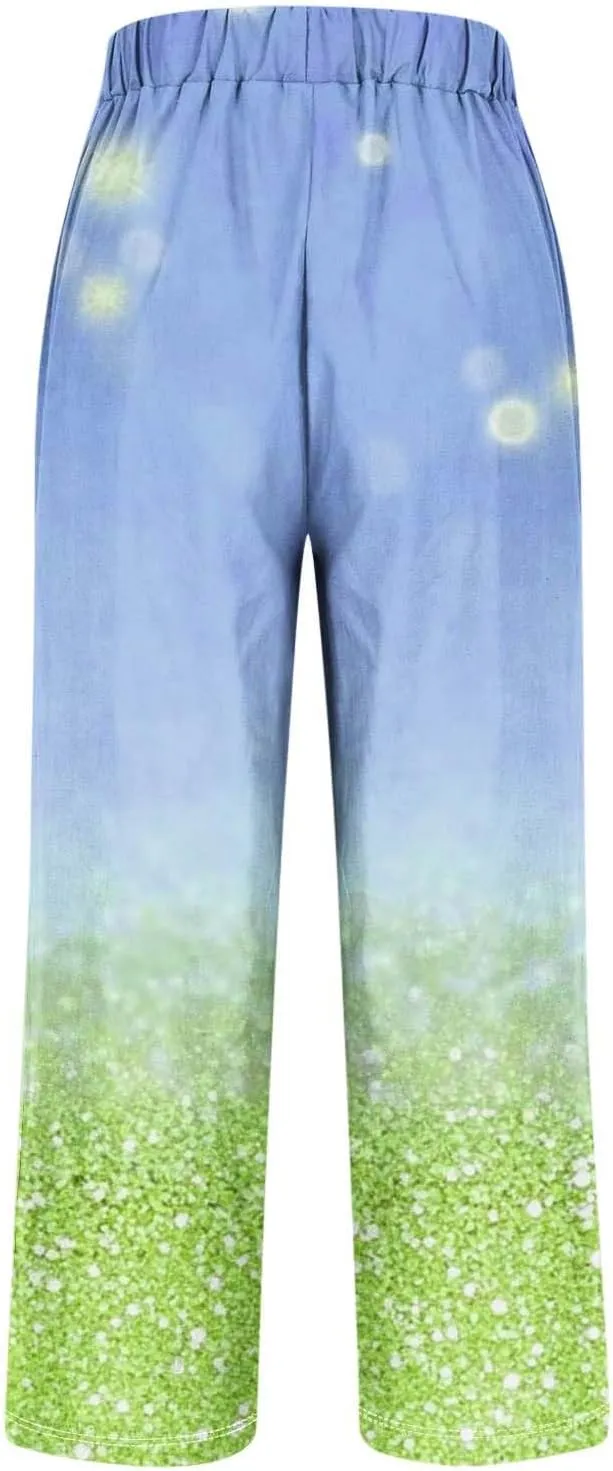 Womens Cotton Linen Pants Elastic High Waist Straight Leg Loose Comfy Lounge Pants Casual Slacks Summer Trousers