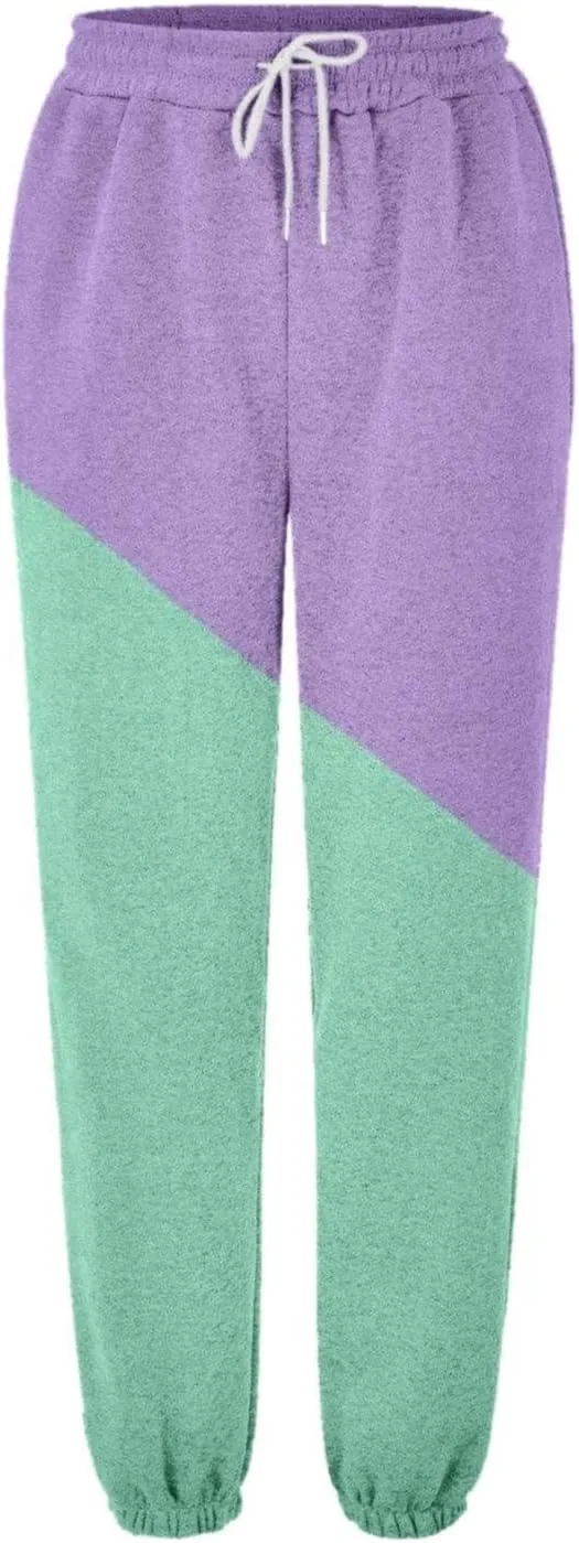 Women's Cute Two Tone Sweatpants Drawstring Elastic Waisted Cinch Bottom Joggers Workout Exercise Loose Slacks for Teen Girls