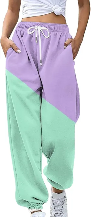 Women's Cute Two Tone Sweatpants Drawstring Elastic Waisted Cinch Bottom Joggers Workout Exercise Loose Slacks for Teen Girls
