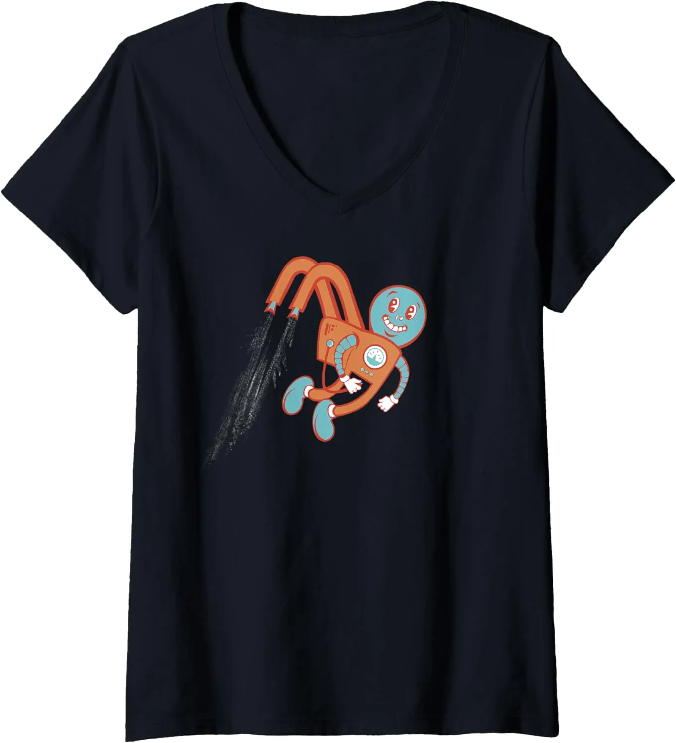 Womens Flying Funny Jetpack Character V-Neck T-Shirt