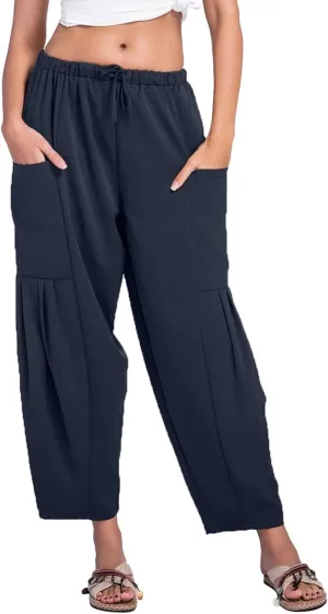 Womens Linen Wide Leg Pants Casual Palazzo Drawstring Summer Beach Travel Vacation Palazzo Harem Pants with Pockets