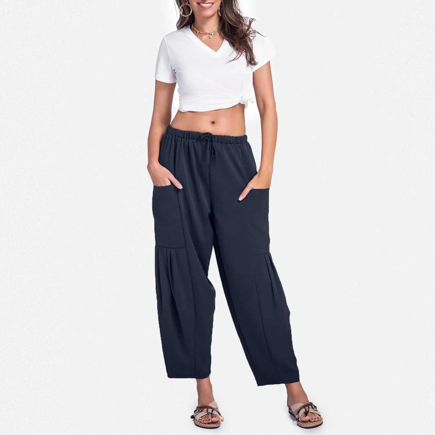 Womens Linen Wide Leg Pants Casual Palazzo Drawstring Summer Beach Travel Vacation Palazzo Harem Pants with Pockets