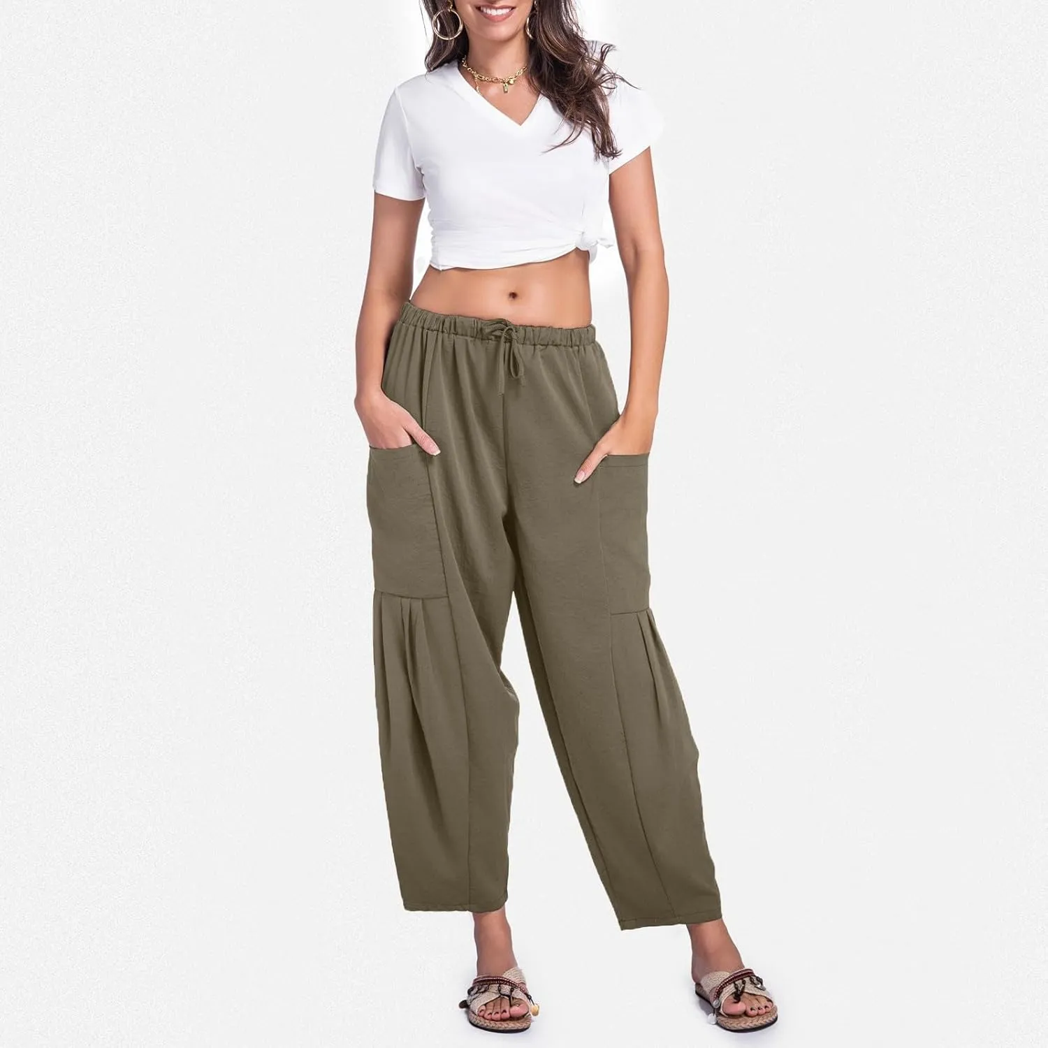 Womens Linen Wide Leg Pants Casual Palazzo Drawstring Summer Beach Travel Vacation Palazzo Harem Pants with Pockets