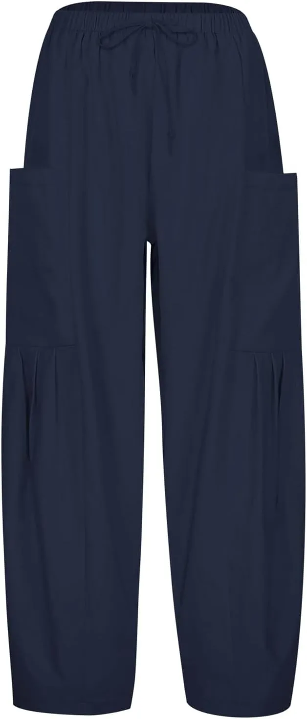 Womens Linen Wide Leg Pants Casual Palazzo Drawstring Summer Beach Travel Vacation Palazzo Harem Pants with Pockets