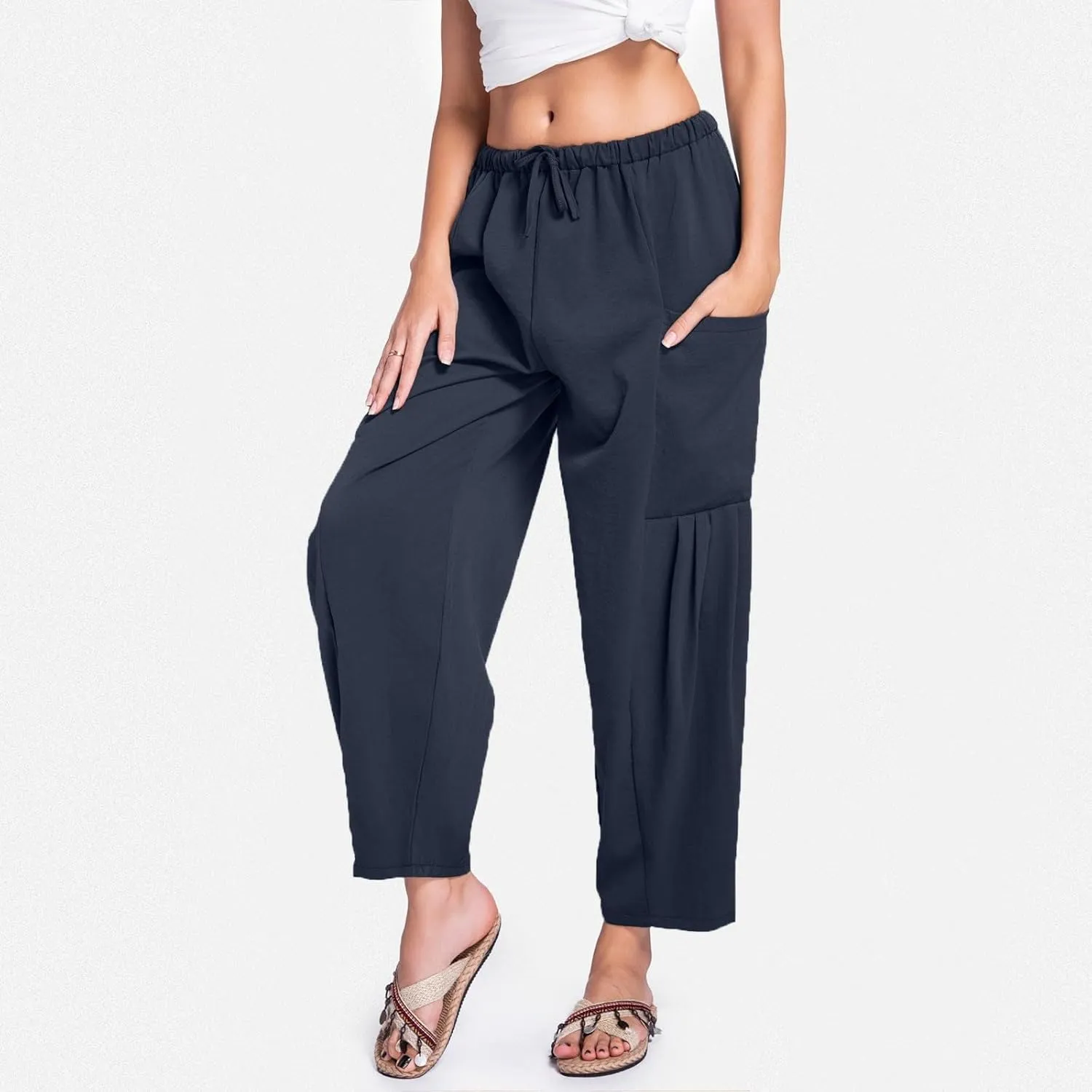 Womens Linen Wide Leg Pants Casual Palazzo Drawstring Summer Beach Travel Vacation Palazzo Harem Pants with Pockets