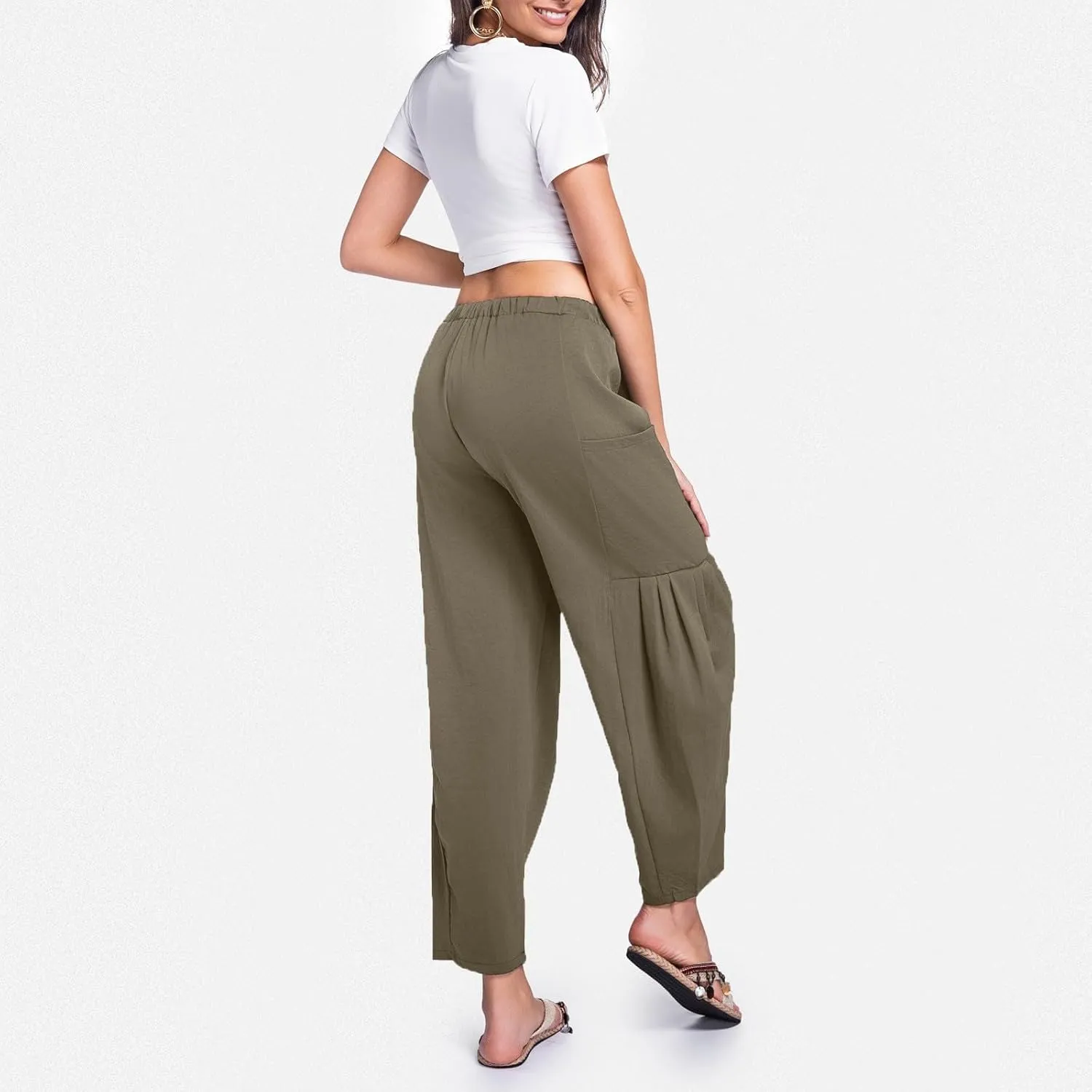 Womens Linen Wide Leg Pants Casual Palazzo Drawstring Summer Beach Travel Vacation Palazzo Harem Pants with Pockets