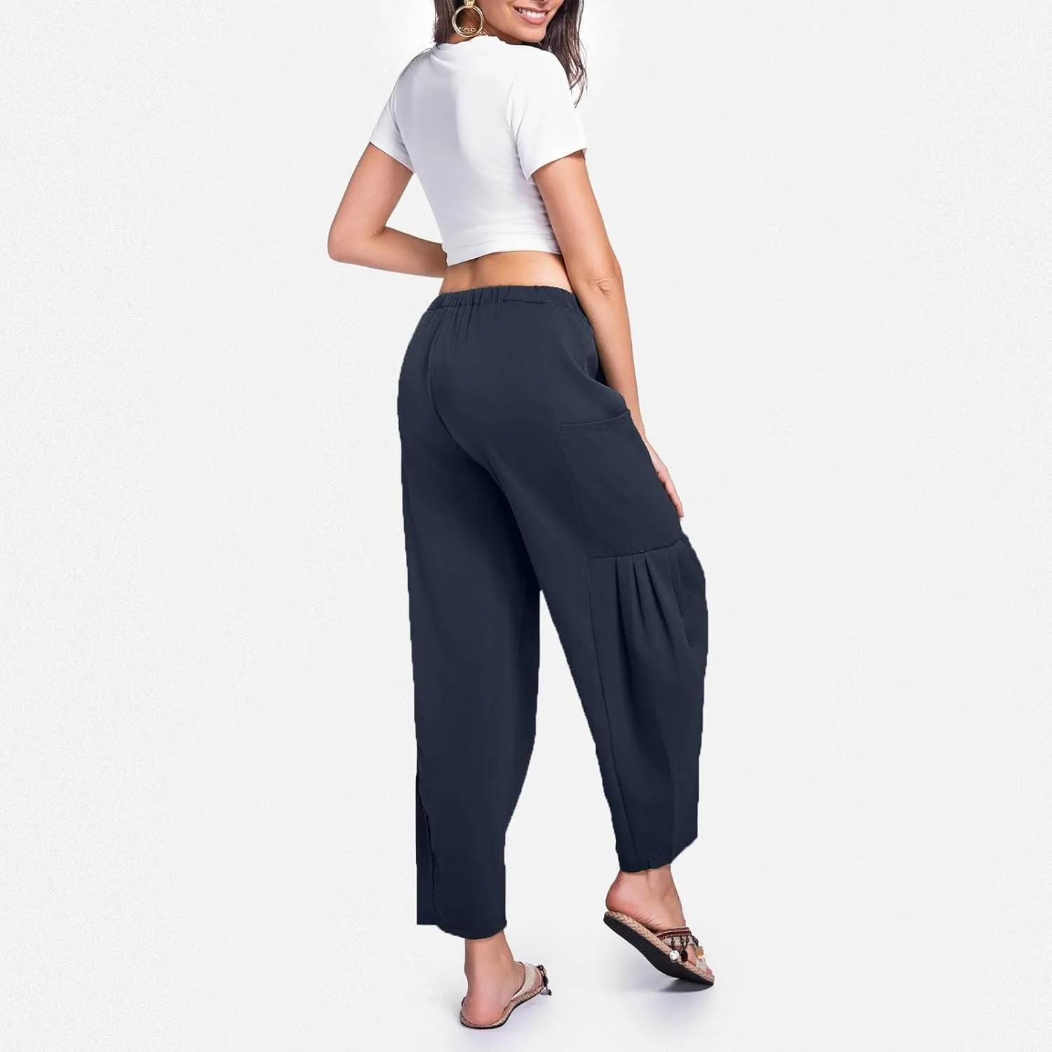 Womens Linen Wide Leg Pants Casual Palazzo Drawstring Summer Beach Travel Vacation Palazzo Harem Pants with Pockets
