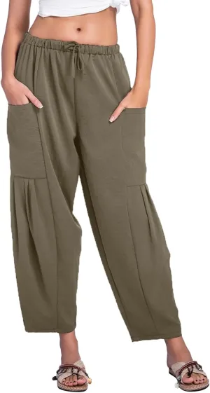 Womens Linen Wide Leg Pants Casual Palazzo Drawstring Summer Beach Travel Vacation Palazzo Harem Pants with Pockets