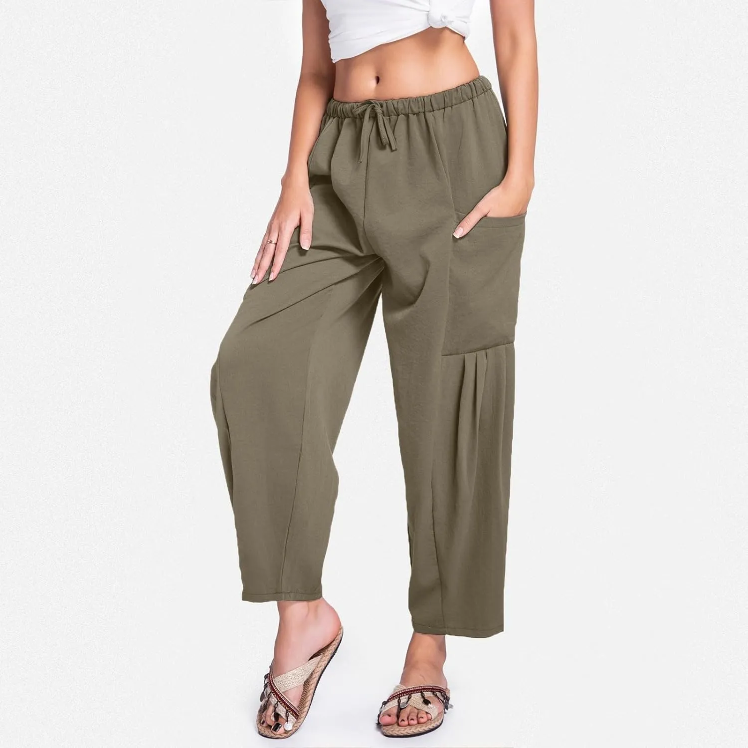 Womens Linen Wide Leg Pants Casual Palazzo Drawstring Summer Beach Travel Vacation Palazzo Harem Pants with Pockets