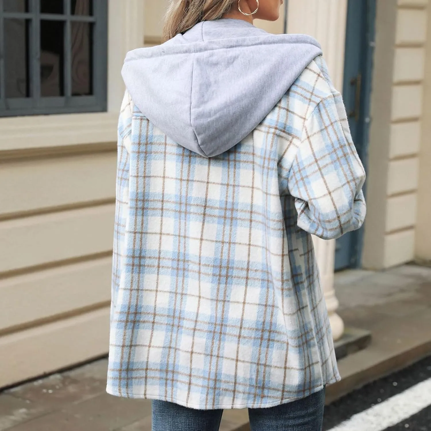 Women's Long Sleeve Plaid Hoodie Jacket Button Down Blouse Tops Drawstring Casual Fall Boyfriend Shirts with Pocket