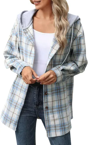 Women's Long Sleeve Plaid Hoodie Jacket Button Down Blouse Tops Drawstring Casual Fall Boyfriend Shirts with Pocket