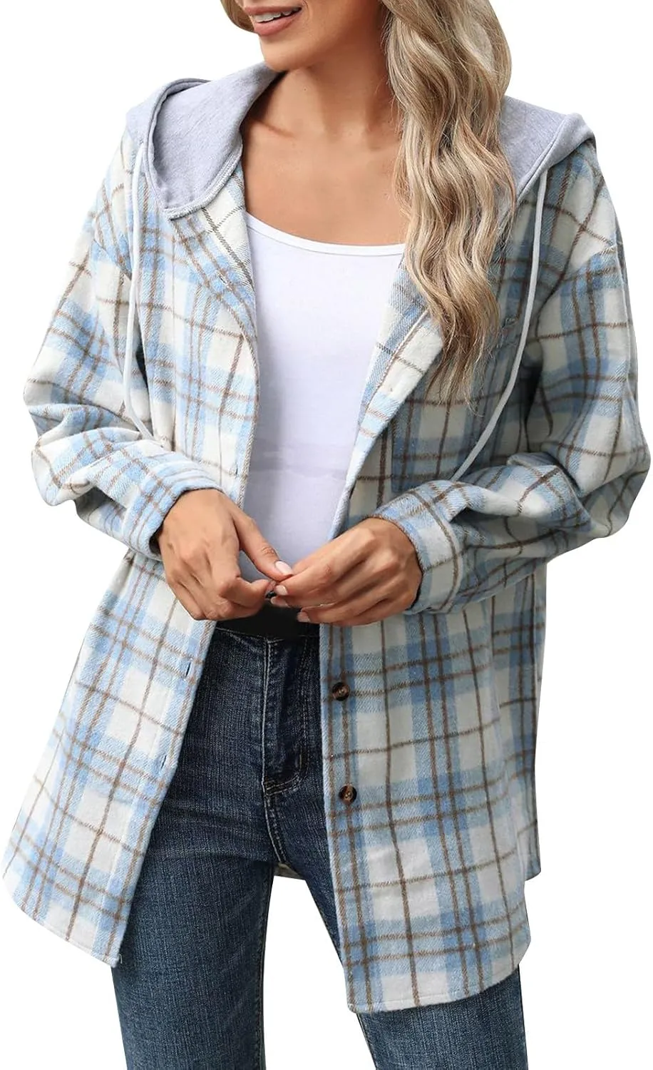 Women's Long Sleeve Plaid Hoodie Jacket Button Down Blouse Tops Drawstring Casual Fall Boyfriend Shirts with Pocket