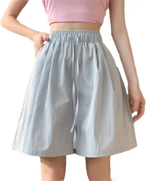 Women's Loose Wide Leg Shorts Solid Color Sweet Drawstring High Waist Jogging Pants