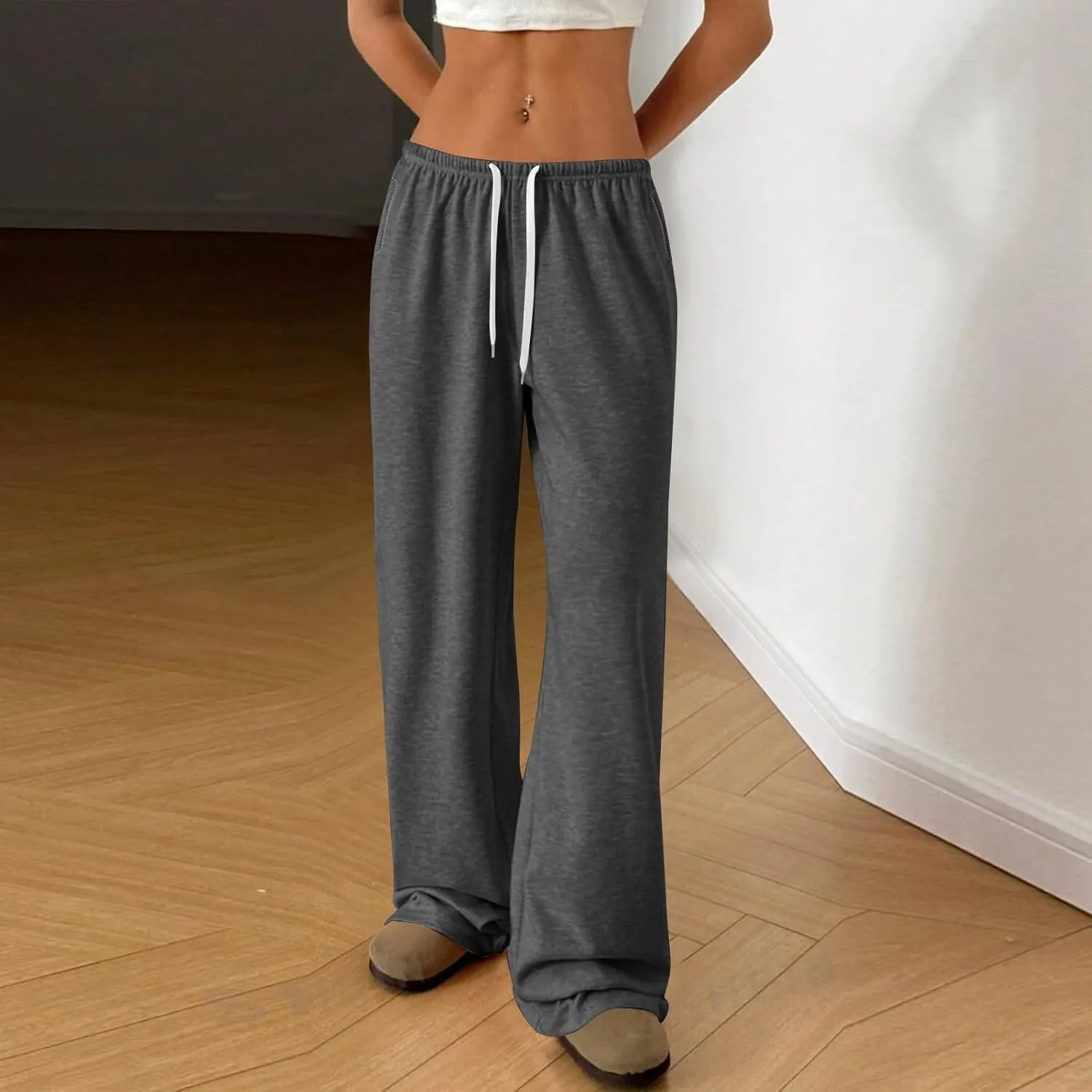 Womens Low Rise Baggy Sweatpants Elastic Drawstring Wide Leg Workout Pants Lightweight Yoga Track Pants with Pockets