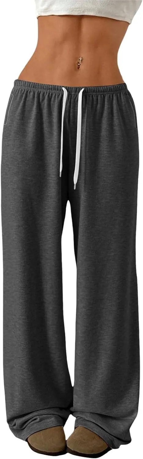 Womens Low Rise Baggy Sweatpants Elastic Drawstring Wide Leg Workout Pants Lightweight Yoga Track Pants with Pockets