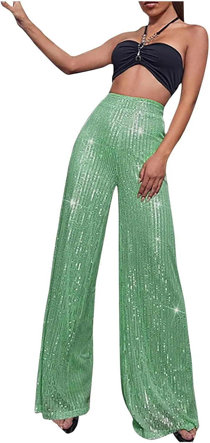 Women's Pants High Waist Elastic Sparkly Straight Leg Long Pant 2025 Summer Fashion Sequin Party Pants