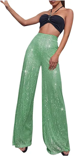 Women's Pants High Waist Elastic Sparkly Straight Leg Long Pant 2025 Summer Fashion Sequin Party Pants