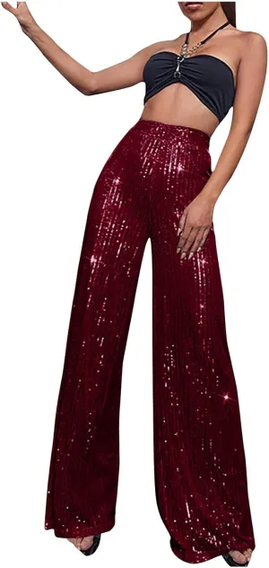 Women's Pants High Waist Elastic Sparkly Straight Leg Long Pant 2025 Summer Fashion Sequin Party Pants