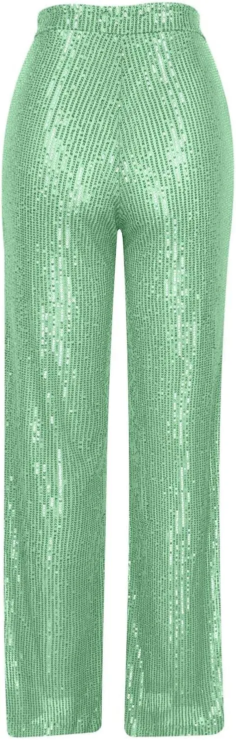 Women's Pants High Waist Elastic Sparkly Straight Leg Long Pant 2025 Summer Fashion Sequin Party Pants