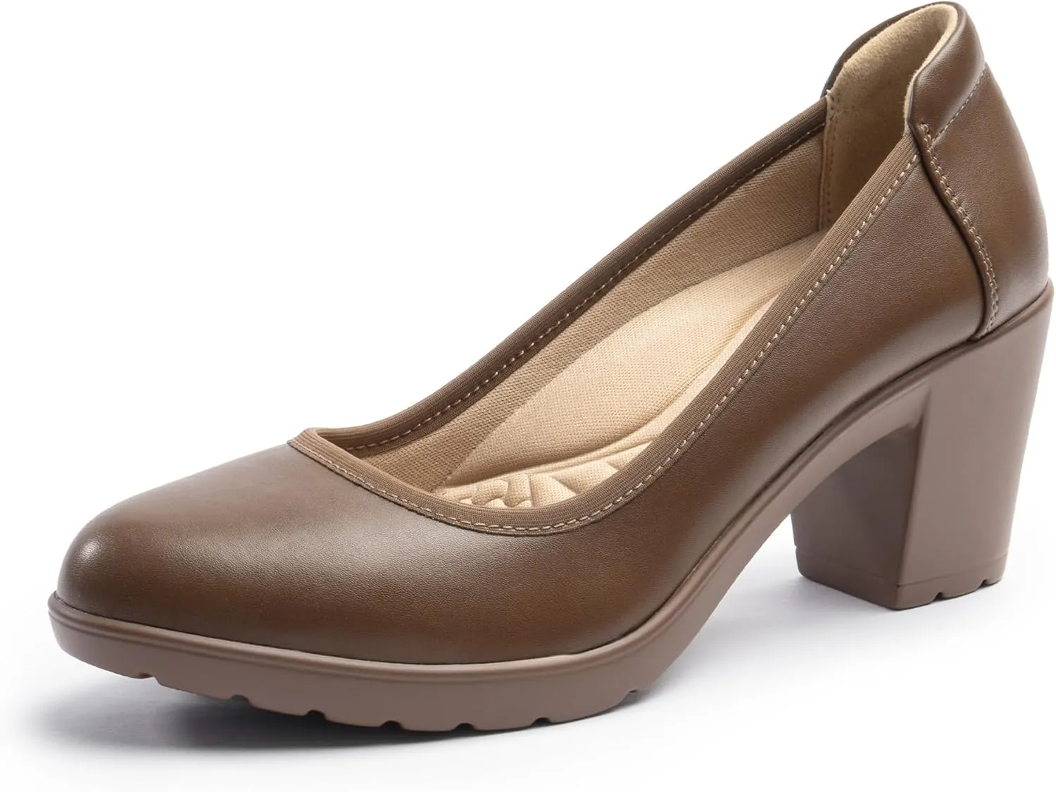 Women's Pumps with Arch Support, Chunky Closed Round Toe Block Heels for Women, Comfortable Low Heel Work Dress Shoes