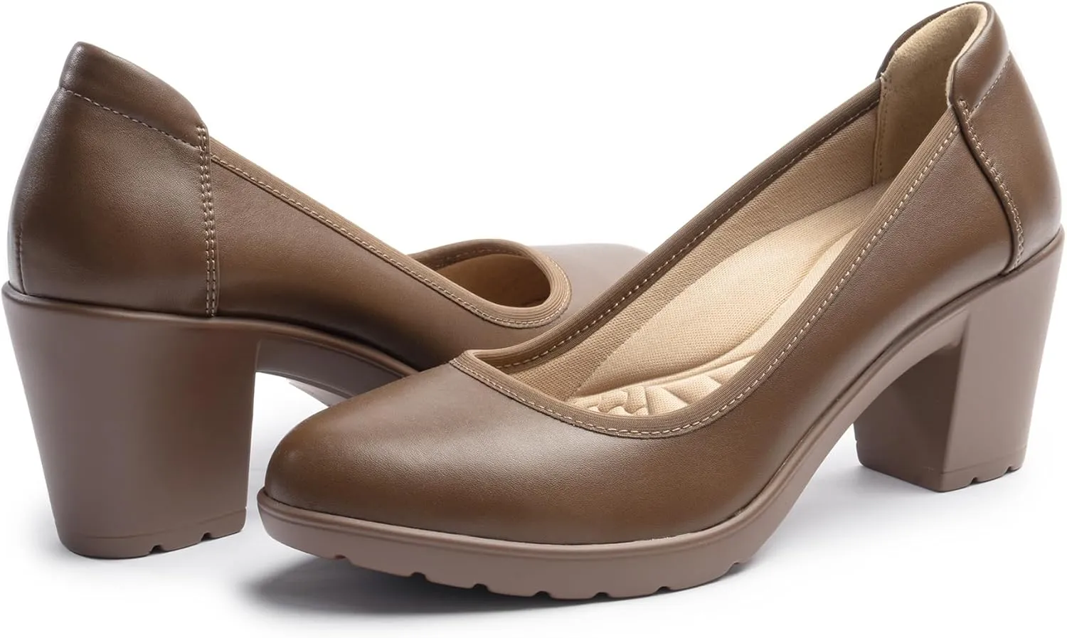 Women's Pumps with Arch Support, Chunky Closed Round Toe Block Heels for Women, Comfortable Low Heel Work Dress Shoes
