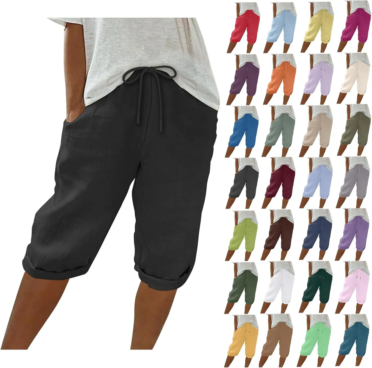 Womens Shorts 2025 Summer Linen Wide Leg Pants Drawstring High Waist Bermuda Pants with Pockets Casual Beach Shorts