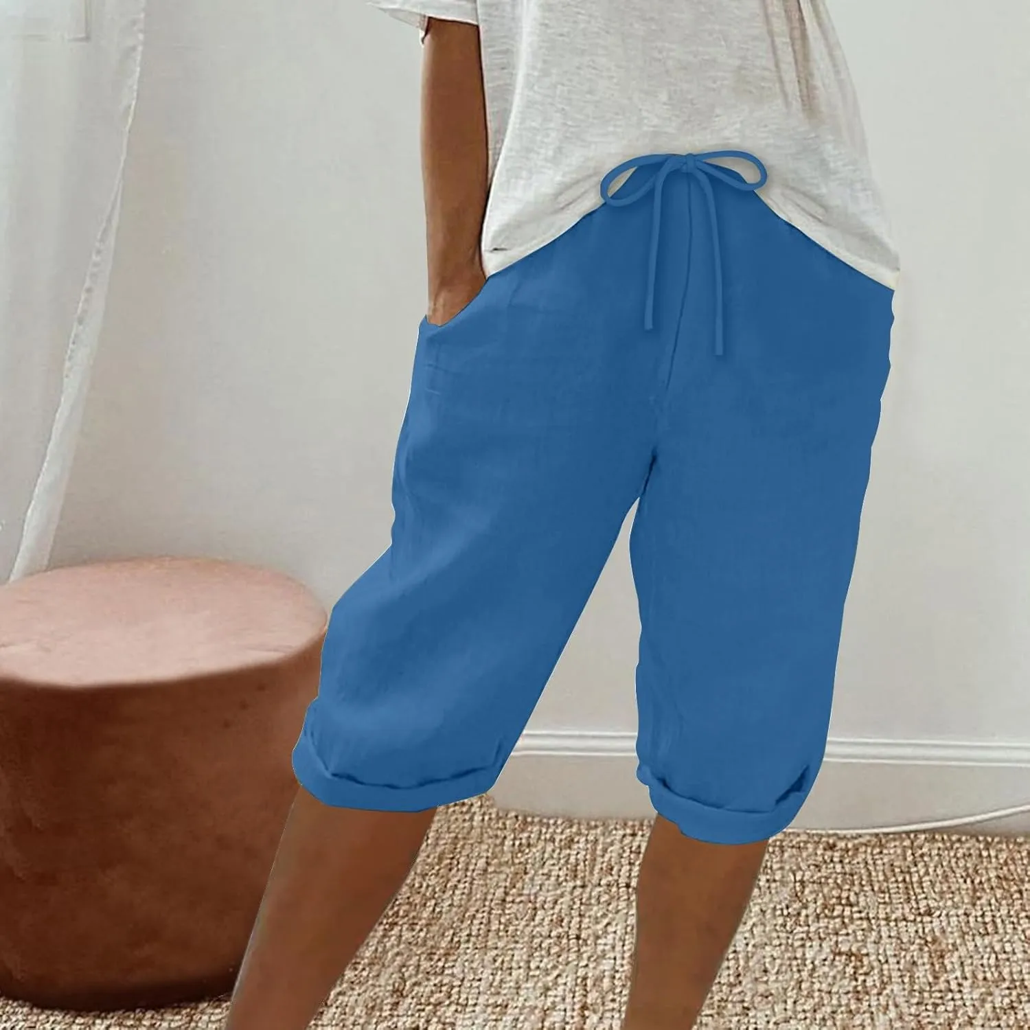 Womens Shorts 2025 Summer Linen Wide Leg Pants Drawstring High Waist Bermuda Pants with Pockets Casual Beach Shorts