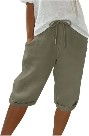 Womens Shorts 2025 Summer Linen Wide Leg Pants Drawstring High Waist Bermuda Pants with Pockets Casual Beach Shorts