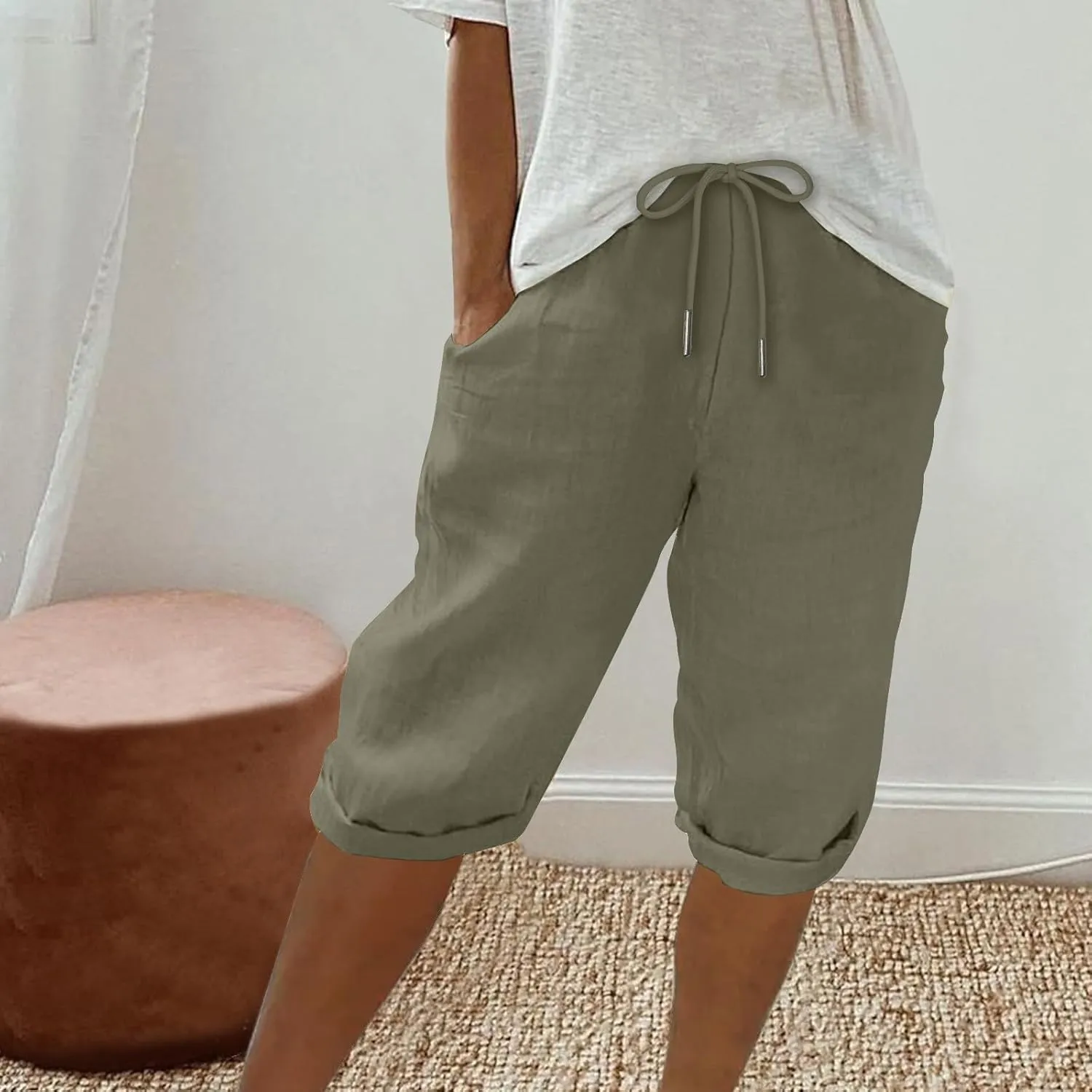Womens Shorts 2025 Summer Linen Wide Leg Pants Drawstring High Waist Bermuda Pants with Pockets Casual Beach Shorts