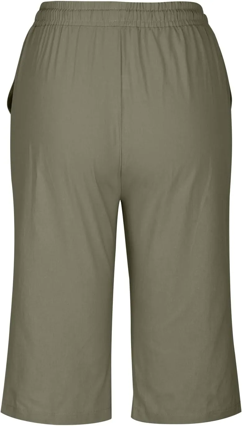 Womens Shorts 2025 Summer Linen Wide Leg Pants Drawstring High Waist Bermuda Pants with Pockets Casual Beach Shorts