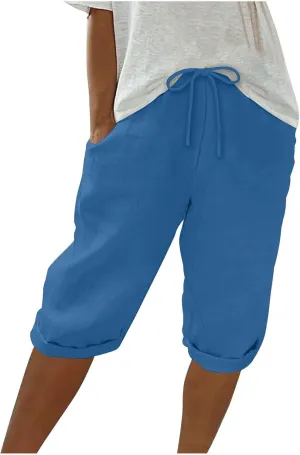 Womens Shorts 2025 Summer Linen Wide Leg Pants Drawstring High Waist Bermuda Pants with Pockets Casual Beach Shorts