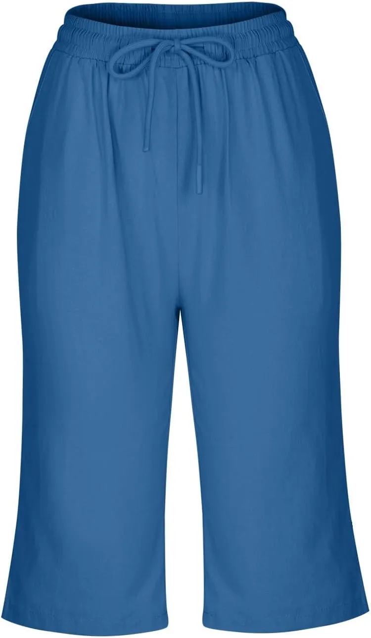 Womens Shorts 2025 Summer Linen Wide Leg Pants Drawstring High Waist Bermuda Pants with Pockets Casual Beach Shorts