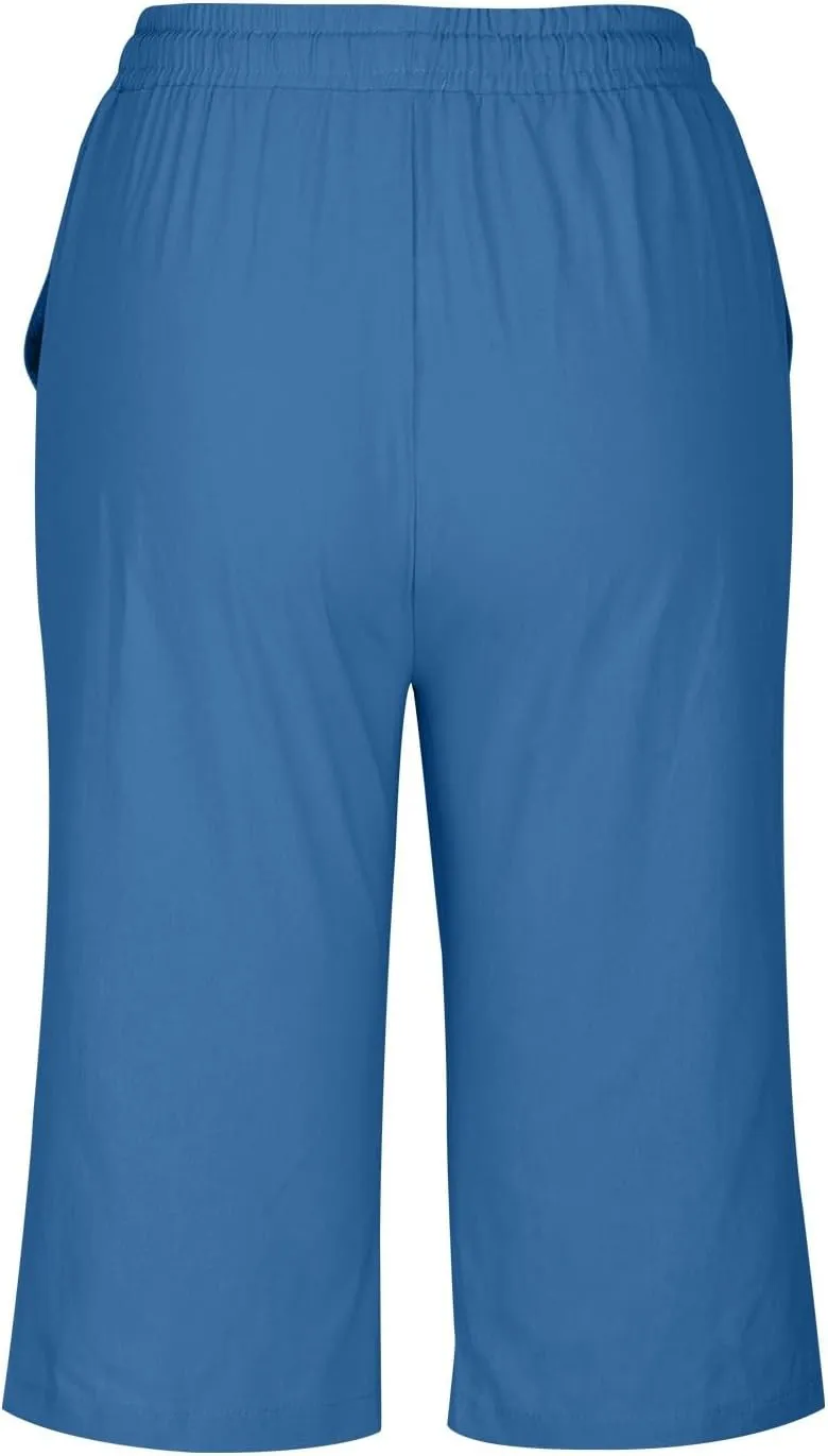 Womens Shorts 2025 Summer Linen Wide Leg Pants Drawstring High Waist Bermuda Pants with Pockets Casual Beach Shorts
