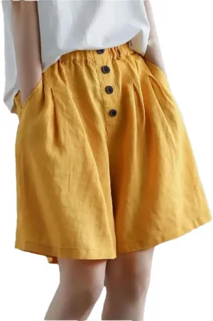 Women's Single Breasted Buttons Cotton Casual Elastic High Waist Loose Shorts