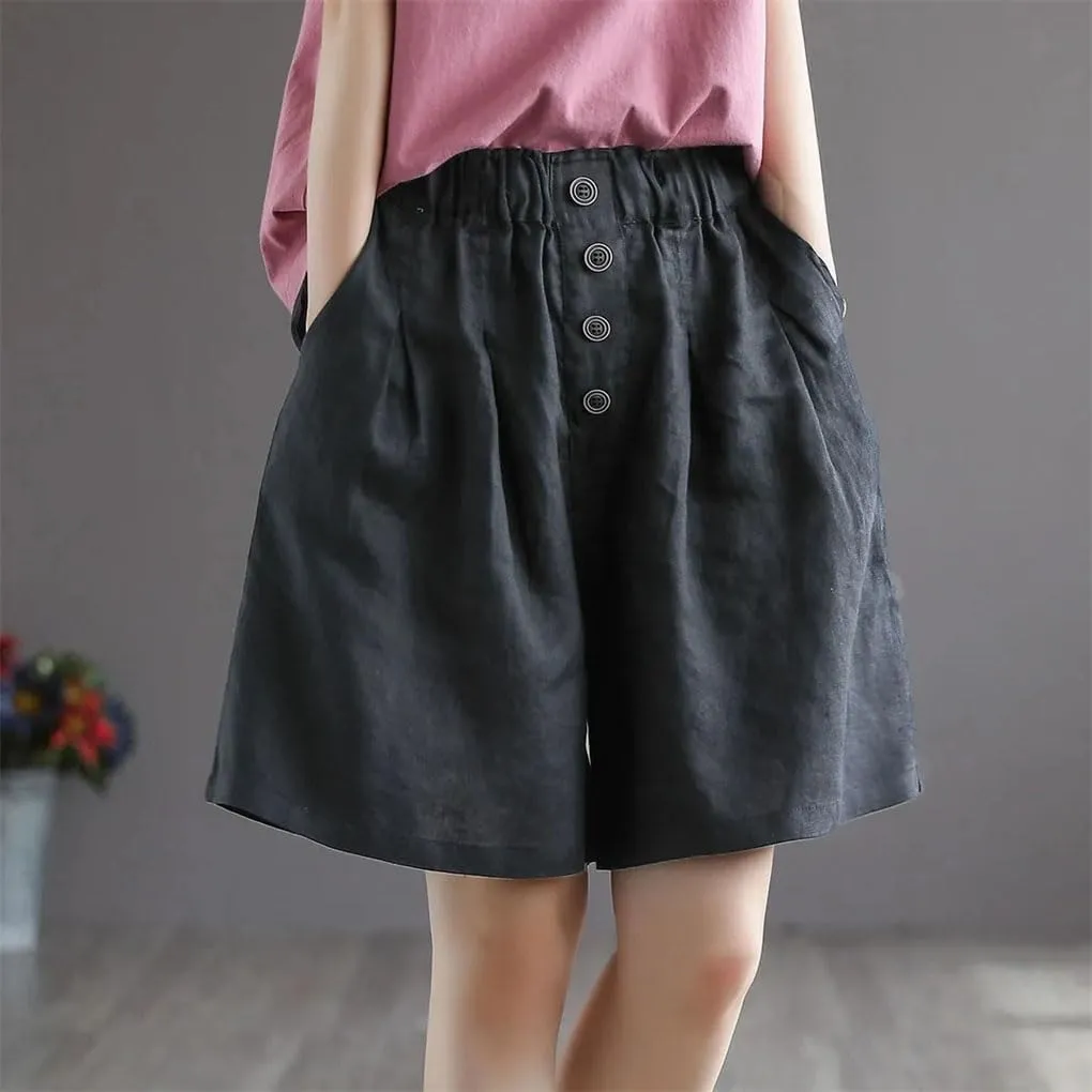 Women's Single Breasted Buttons Cotton Casual Elastic High Waist Loose Shorts