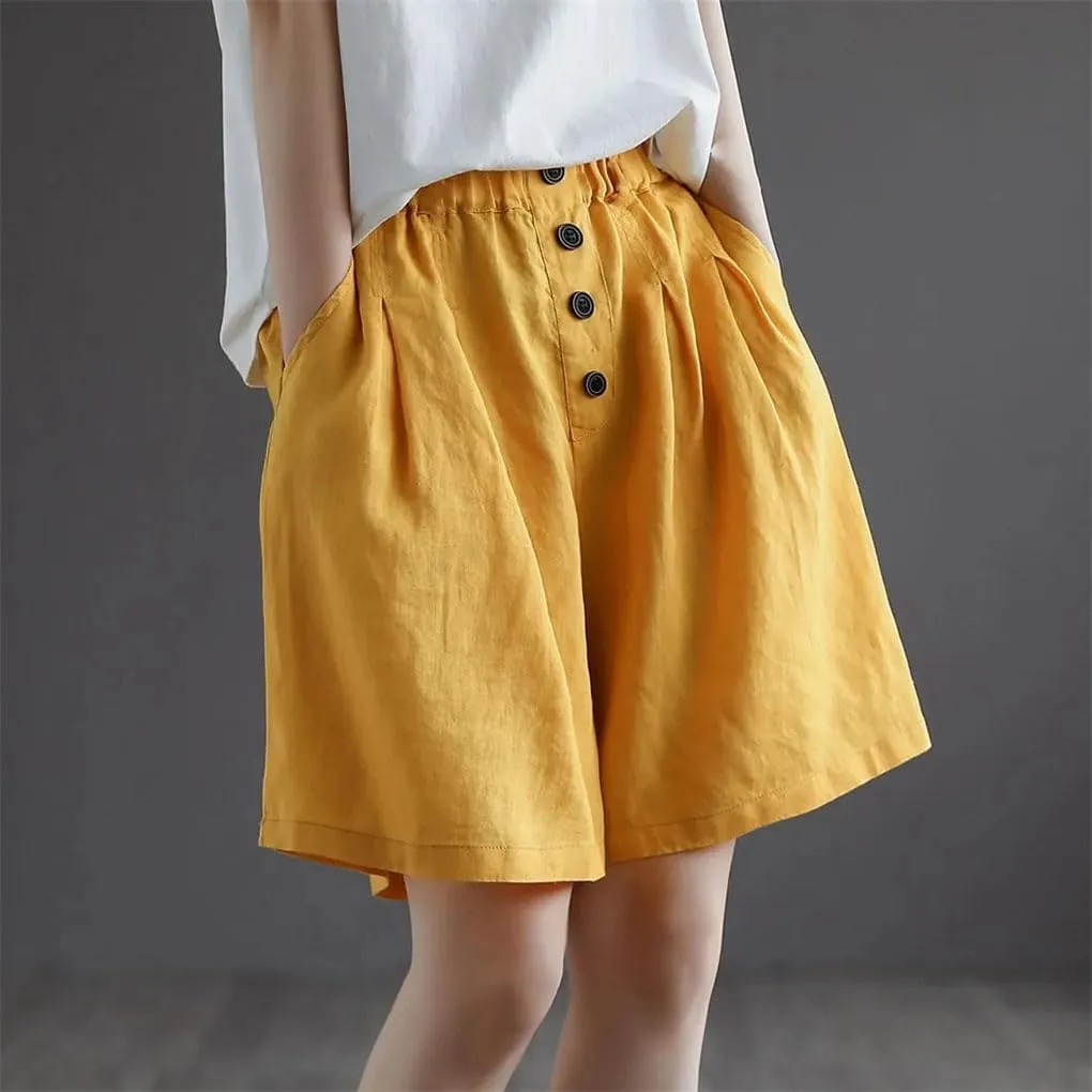 Women's Single Breasted Buttons Cotton Casual Elastic High Waist Loose Shorts
