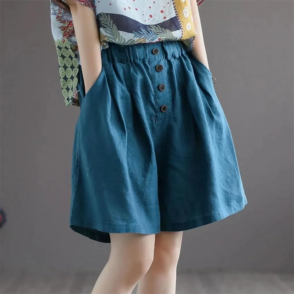 Women's Single Breasted Buttons Cotton Casual Elastic High Waist Loose Shorts