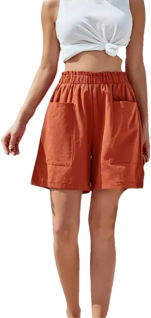 Women's Solid Color Cotton Shorts Elastic Waist Loose Fit Pocket Casual Pants