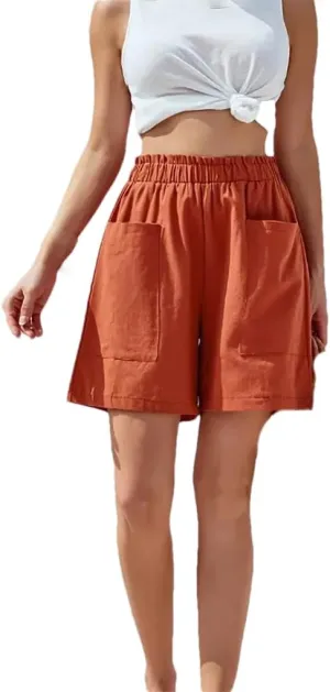 Women's Solid Color Cotton Shorts Elastic Waist Loose Fit Pocket Casual Pants