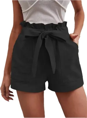 Women's Solid Color Double Pocket Shorts Women's Mid-Waist Bow Tie Casual Shorts