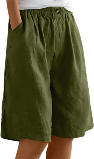 Women's Solid Color Elastic Waist Pocket Button Loose Cotton and Linen Casual Shorts