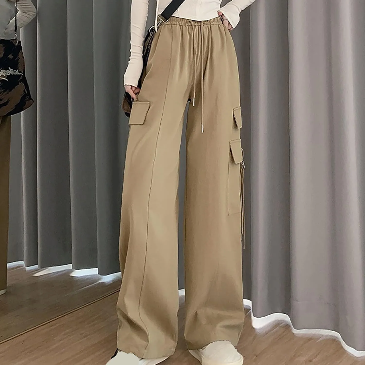 Womens Straight Leg Pants Stirrup Multi Pockets Drawstring Lounge Pants High Waisted Outside Fashion Cargo Wide Pants