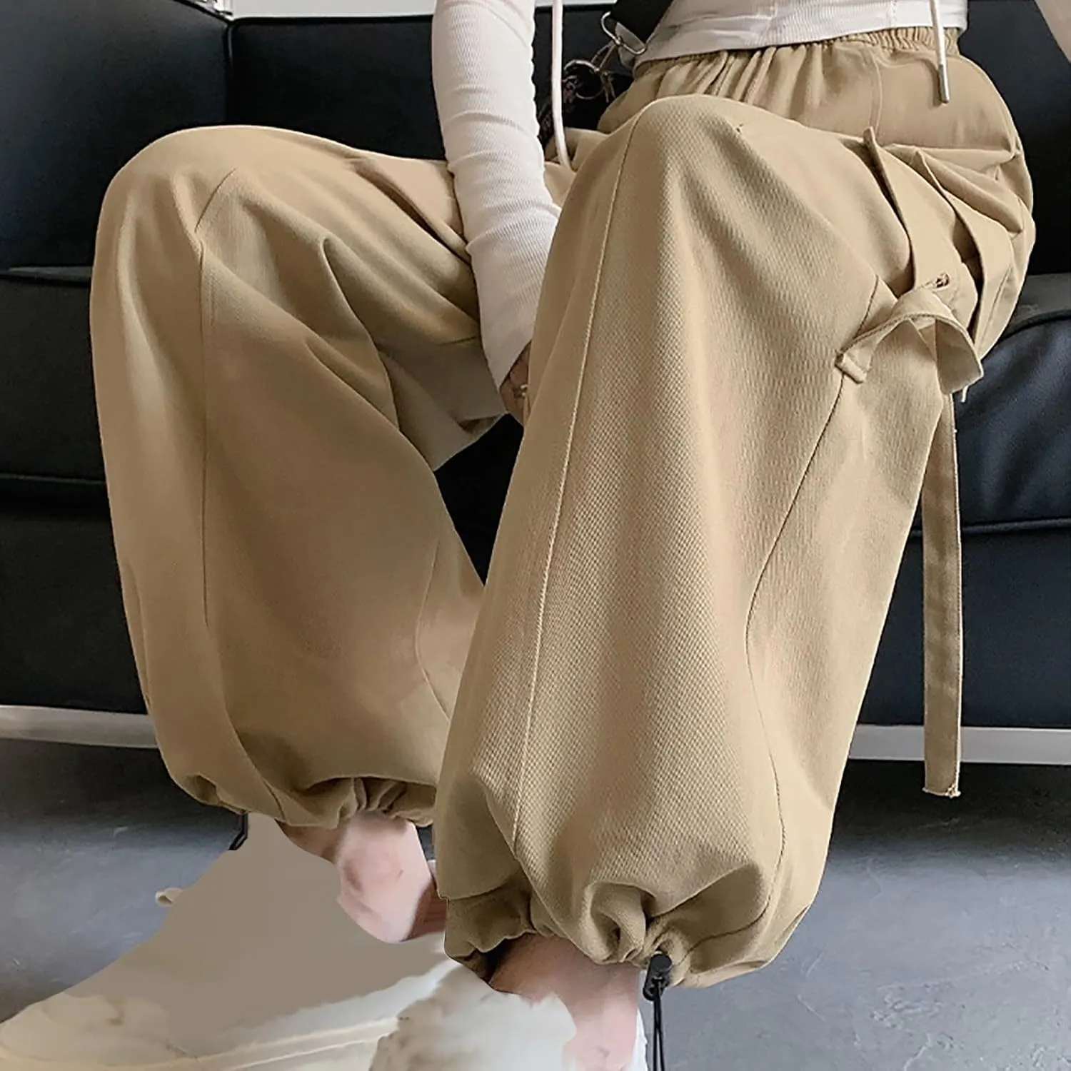 Womens Straight Leg Pants Stirrup Multi Pockets Drawstring Lounge Pants High Waisted Outside Fashion Cargo Wide Pants